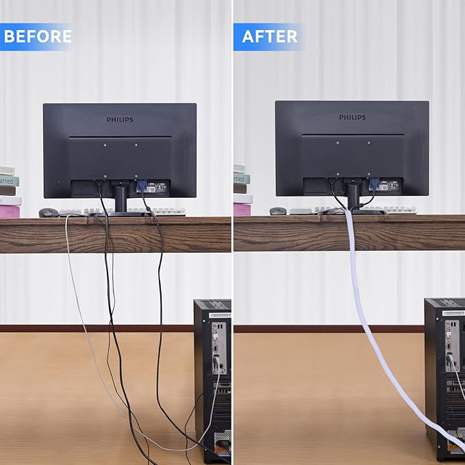 AGPTEK Cable Sleeve Cover, 10ft - 1.5 inch Desk Cord Organizer Cable Hider, Home Office Wire Management Computer TV Wire Loom Tubing, Pet Proof Cord Protector, from Cat Dog Chewing, White