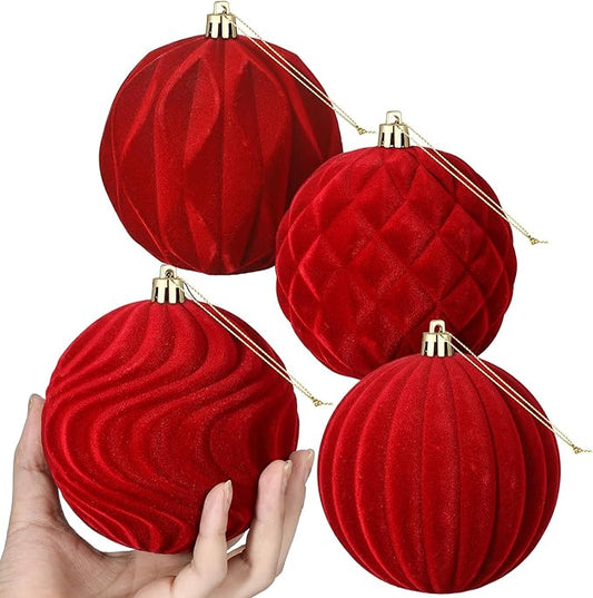 4 Pcs 4 Inch Large Velvet Christmas Ball Ornaments Vintage Christmas Plastic Ball Ornaments Flocked Tree Hanging Decoration for Xmas Party Wedding Home Decor(Red)