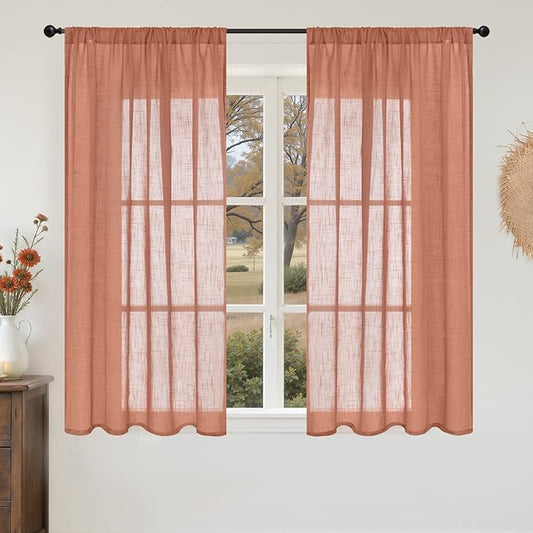 BGment Semi Sheer Curtains 48 Inch Length for Short Window, Terracotta Linen Drapes for Bedroom Kitchen Cafe Bathroom Decor with Rod Pocket Rustic Textured Lightweight, 2 Panels Set, Each 42 Inch Wide