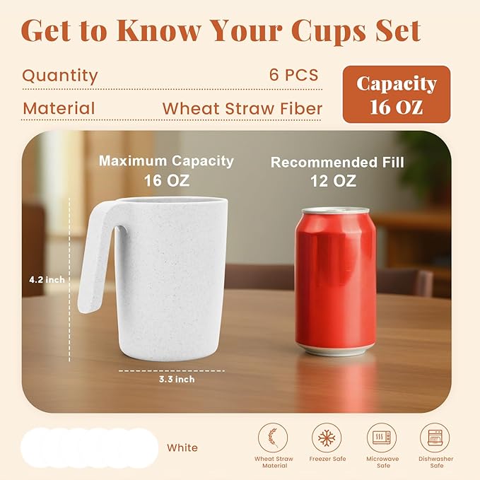 Homienly Wheat Straw Coffee Mugs Set of 6, Lightweight and Unbreakable Coffee Mugs with Handles, Alternatives to Plastic Coffee Mug, Microwave and Dishwasher Safe Cups for Kitchen, Tea - White