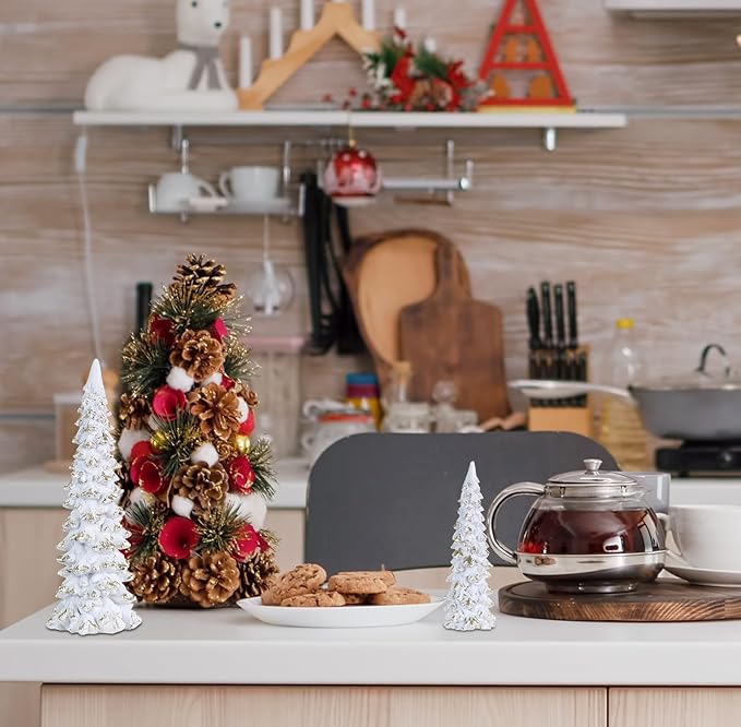 MEETYAMOR Christmas Decorations Indoor, 2 Pcs White Resin Christmas Tree Figurine for Table Decor, Farmhouse Rustic Xmas Decorations for Home, Table, Mantle, Living Room