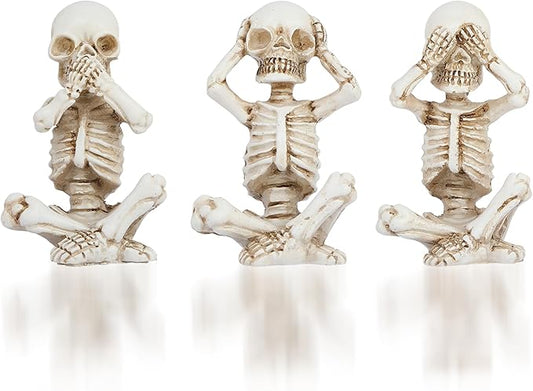 Skull Shelf Decor,Yoga Skeleton Figurine,Halloween Gothic Home Decor,Antique Silver Accent Statue,Collectible Figurines Set of 3 (White)