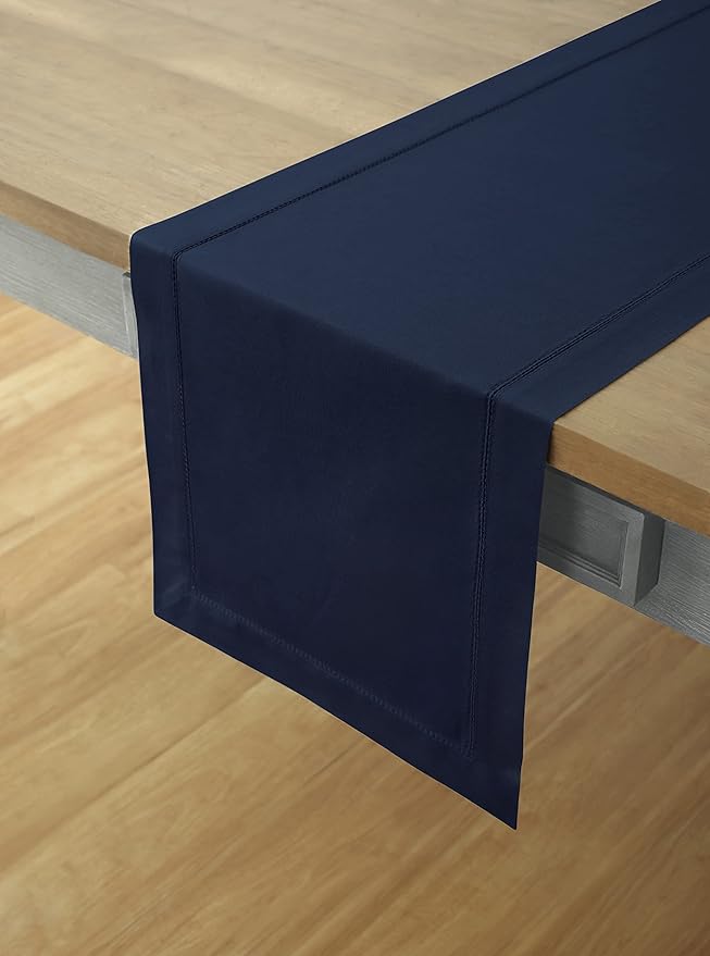 Solino Home Navy Blue Table Runner 132 Inches Long - Cotton Linen Hemstitch Extra Long Table Runner 14 x 132 Inch for Fall, Autumn, Thanksgiving, Christmas, Holiday