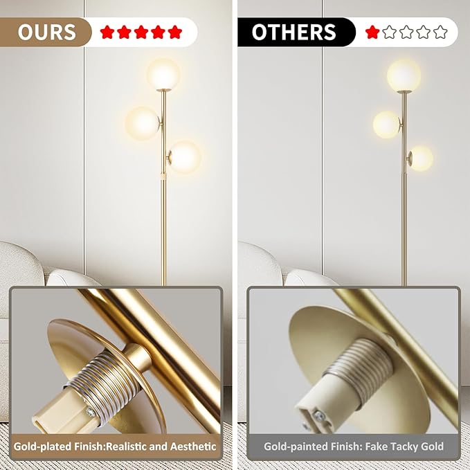 vallerico 3-Globe Mid Century Modern Floor Lamps for Living Room, Adjustable Height Standing Lamp with Marble Base, Gold Tall Lamp with Frosted Glass Shades, Pole Lamps for Bedroom, Bulbs Included