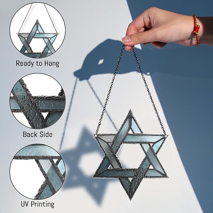 Hanukkah Suncatchers for Windows Hanging - Star of David Ornament, Personalized Hanukkah Ornaments, Wavy Hologram Window Suncatchers