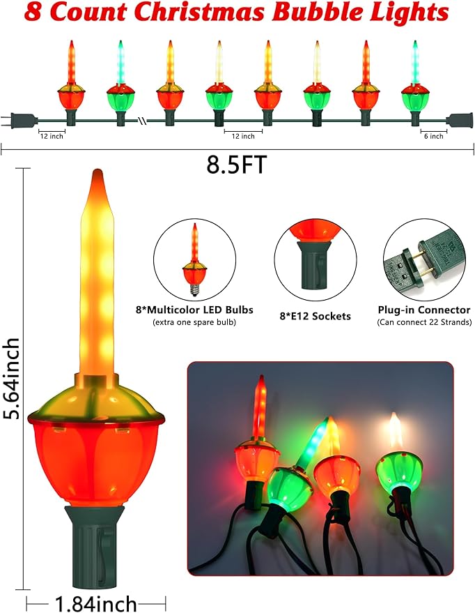 Colorful Christmas Bubble Lights, 8.5Ft Christmas Tree Lights with 9 Colored Bubble Bulbs(1 Spare), E12 Base for Indoor Christmas Tree, Traditional Holiday Home Lighting Decor