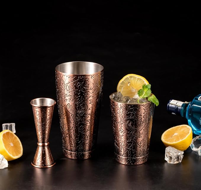 Sky Fish 3D Etched 18-Piece Bartender Kit Stainless Steel Boston Cocktail Shaker Set Copper Plated Bartending Tools Suit for Bar Tools Set Mixology Enthusiasts, Professional Bartenders and Home Drink