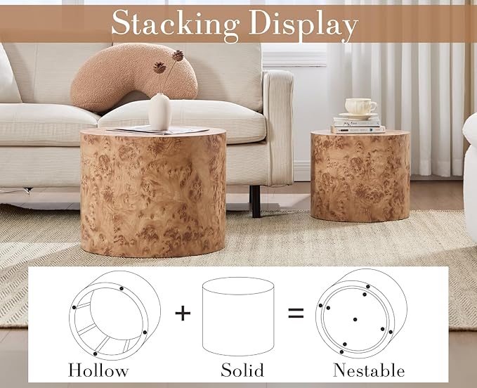 CIMOTA Round Wood Nesting Coffee Table Set of 2, Modern Circle Travertine End Side Table Sets for Living Room, Natural Burl Color/No Assembling
