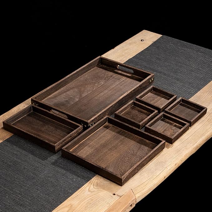 Rustic Wooden Serving Trays with Handle, Serving Platters, Charcuterie Board Set of 7 Nesting Food Trays for Serving Food, Home Decor, Breakfast, Coffee Table, Bed Tray, Picnic
