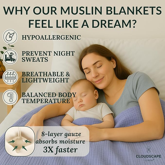 Cloud Scape Linen Extra Large 8-Layer Muslin Throw Blanket, 100% Cotton Gauze Blanket for Couch, Sofa, Bed, Lightweight, Suitable for All Season,50x70, Lavender Blue