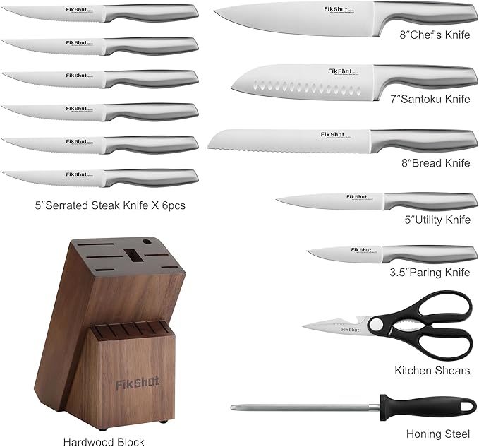 Knife Block Set, Kitchen Knife Sets with Block, FIKSHOT Knives Set for Kitchen - Razor-Sharp Santoku Knife, Fruit and Kitchen Sets - Rust Resistant for Homecooks (Silver + Walnut)