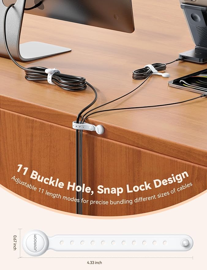 JOYROOM 12PCS Magnetic Cable Ties - Reusable Silicone Cord Organizer with Buckle Holes, Elastic Cable Management Straps for Data Cables, Charging Cords, and More (White)