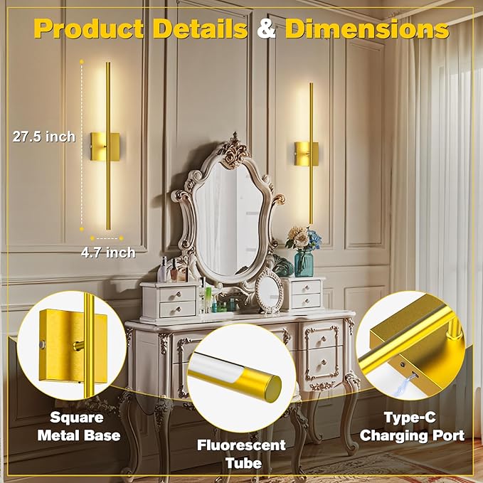 Battery Operated Wall Sconces Set of 2,Wireless Rechargeable Wall Lights: Dimmable Detachable Wall Lamp with Remote Control, 3000K-6500K Infinite Dimming, Wall Sconce for Bedroom Room 27.6 Inch