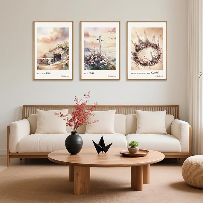 3 Pcs Christian Cross Framed Wall Art Set, Jesus Empty Tomb Canvas Decor, Christian Religious Bible Painting, Jesus Crucifixion Risen Easter Print for Living Room, Bedroom, Church 16X24inch
