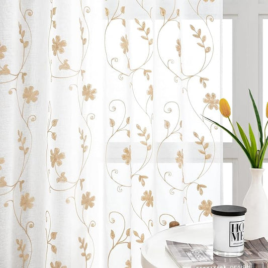 HOMEIDEAS Yellow Sheer Curtains 96 Inches Long 2 Panels Yellow and White Embroidered Floral Pattern Semi Sheer Window Curtains for Bedroom Living Room