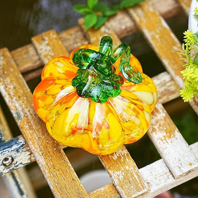 H&D HYALINE & DORA Hand Blown Glass Pumpkin Figurine for Decorations Fall, Yellow Glass Pumpkin Crafts Tabletop Decor for Autumn Halloween Thanksgiving Saints' Day Home Indoor Outdoor