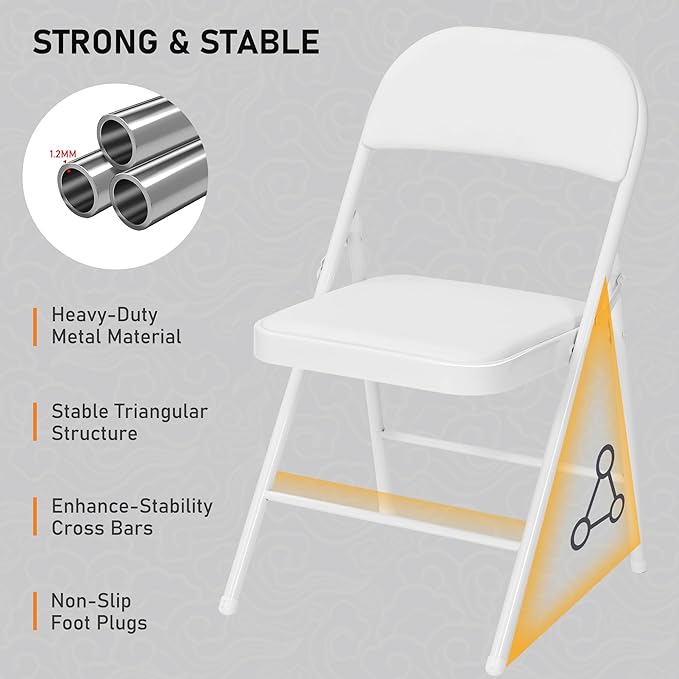 SEALAMB 6 Pack White Folding Chairs with Padded Seats & Cushion, Durable Metal Foldable Chairs for Wedding Party, Commercial Chairs for Office School Church Events, 330lb Capacity (White-PU, 6 Pack)