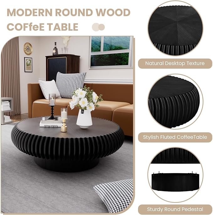 Fluted Drum Coffee Table Round Coffee Table for Living Room Mid Century Modern Coffee Tables with Sturdy Pedestal Circle Center Tea Table Accent Tea Table for Small Space Apartment (39.4inch Black)
