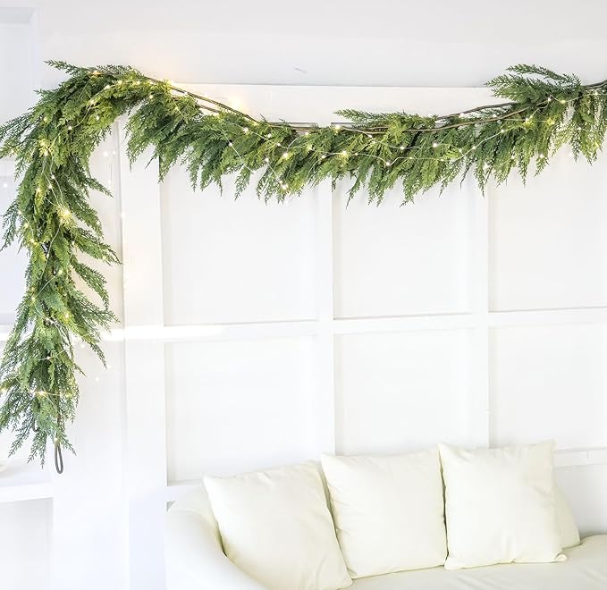 6ft Handmade Christmas Garland,Cedar Artificial Greenery with LED String Lights,Seasonal Garland for Fireplace Indoor Outdoor Winter Holiday Decoration