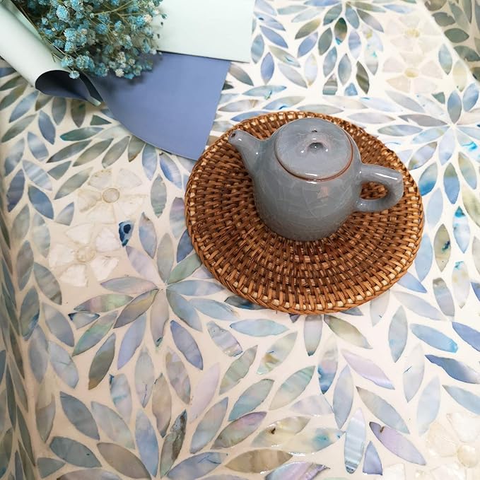 i-lan Creative Rectangular Mother of Pearl Severing Tray Lacquer Wooden Decorative Tray Handmade Shell Serving Tray with Handles and 2 Inch Side, Large Beige Blue Inlay Nacre Ottoman Tray (15.75")