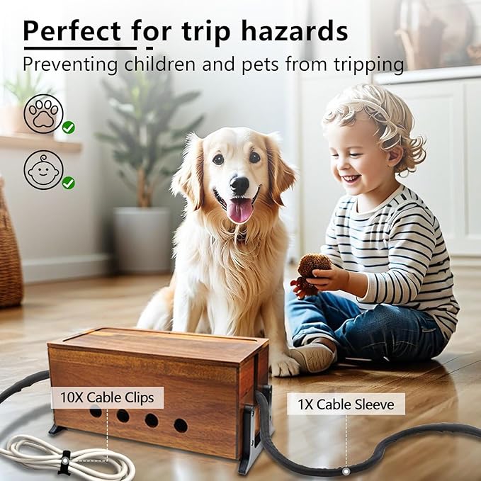 Large Cable Management Box, Wood Cord Hider Box & Organizer for Power Strip Hider Cable Storage for Office, TV Wires, Desk Cord Organizer, Vintage Walnut (14.1" x 6" x 6.3")