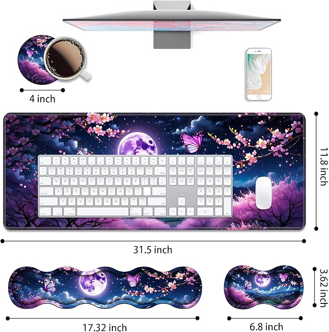 4 in 1 Ergonomic Keyboard Wrist Rest & Mouse Pad Wrist Rest Set, Large XXL Gaming Desk Mat 31.5"x 11.8" with Non-Slip Base, Memory Foam for Home Office Study Gaming, Moon Cherry Blossom Butterfly