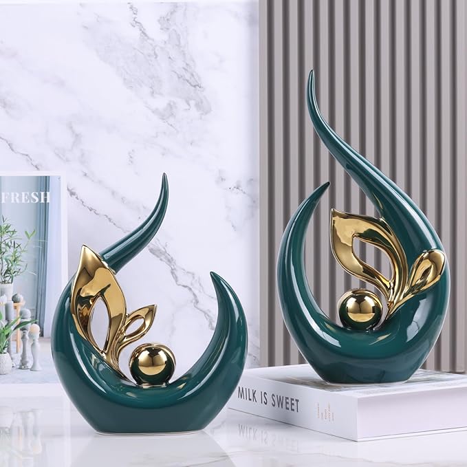 9.4" H Green Gold Abstract Sculptures Home Decor, Ceramic Art Statue Cool Stuff to Put on Shelves&tv Stand Decor, Gold Accent Entertainment Center, for Fireplace Coffee Table Dining Table Decorate