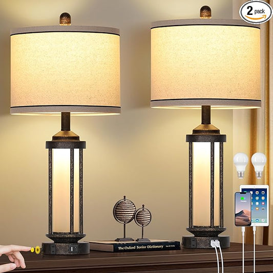 27" Farmhouse Industrial Table Lamps, Vintage Rustic Retro Beside Lamps with USB A+C Charging Ports & AC Outlet, Modern Nightstand Lamps with Glass LED Night Light for Living Room Bedrooms End Table