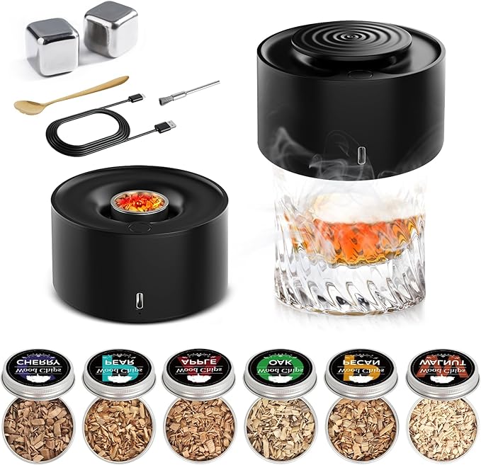 Electric Whiskey Smoker Kit with Rechargeable Built-in Lighter & LED Light, No Butane Needed, 6 Flavored Wood Chips for Old Fashioned Smoker Kit, Bourbon, Cocktail Gifts for Men Dad Husband Friends