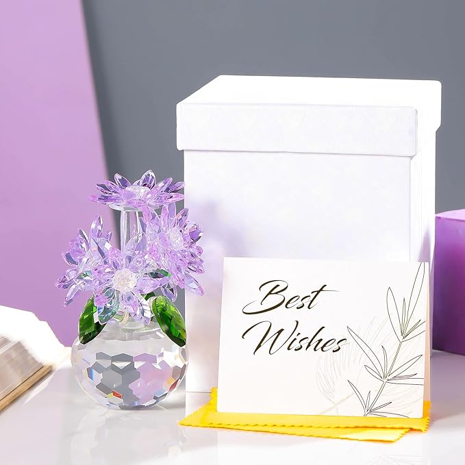 Enjinkail Handmade Crystal Daisy Figurine - Purple Glass Flowers Gifts for Women, Elegant Home Decor & Table Centerpiece