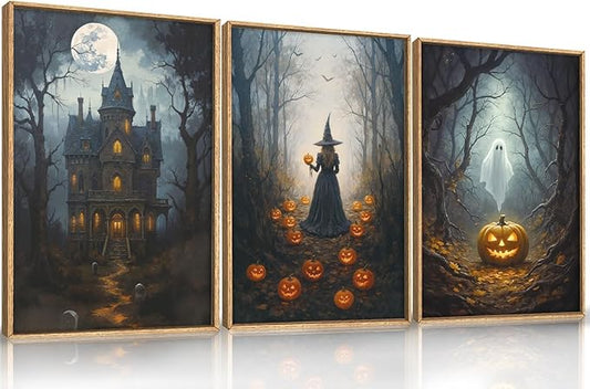 Halloween Moon Castle Framed Canvas Wall Art Set, Scary Dark Forest Witch Wall Decor, Cute Ghost Wall Painting, Pumpkin and Bats Art Prints for Gothic Party, Living Room, Club -16"x24"x3
