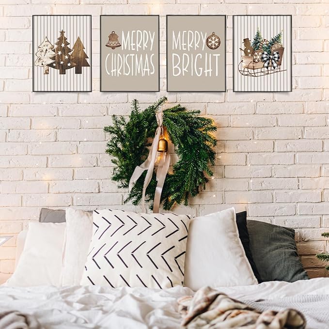 Wheatwin Boho Christmas Decor, Neutral Christmas Decor, Merry Christmas Wall Art Prints Set of 4, Wooden Christmas Tree Winter Decorations for Office Bedroom Living Room, 8x10 (Unframed)