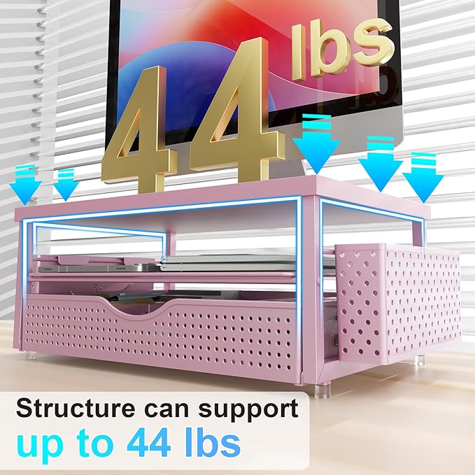 gianotter Wood Monitor Stand Riser, Desk Organizer with Drawer and 2 Pen Holders, 2-Tier Workspace Organizer for Office Supplies(Pink Wood)