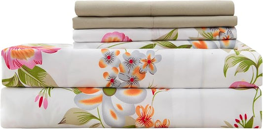 King Size Bed Sheets Set Deep Pockets - 6PC Floral Ultra Soft Microfiber Bed Sheets - Easy to Clean, 90 Thread Count Sheets with Fitted Sheet, Flat Sheet & Pillowcases (Pink/Green Floral)