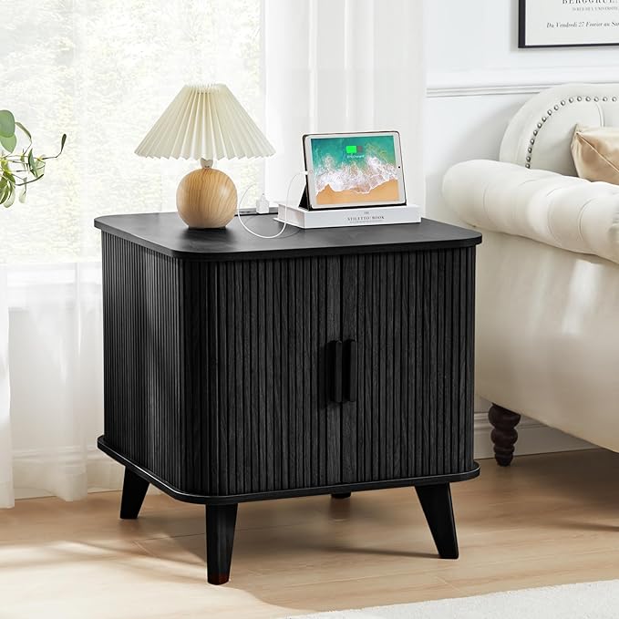 AVZEAR 24" Large Square End Table with Charging Station, Farmhouse Fluted Sofa Side Table with Sliding Tambour Door & Storage, Curved Rustic Wood Nightstand for Living Room, Bedroom, Black