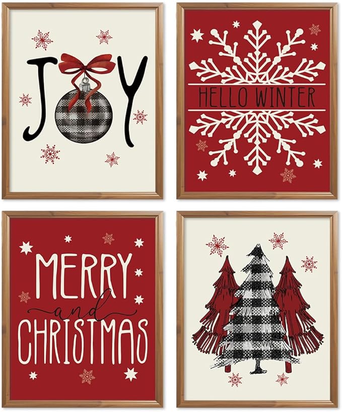 Wheatwin Christmas Wall Decor, Merry Christmas Wall Art Prints Set of 4, Christmas Trees Winter Decor for Farmhouse Living Room Bedroom Office, 8x10 (Unframed)