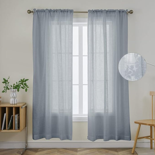 Joydeco Grey Sheer Curtains 72 Inch Length 2 Panels Set, Rod Pocket Linen Sheer Curtain Drapes, Voile Window Treatments for Bedroom Living Room (54x72 inch，Cross Pattern)