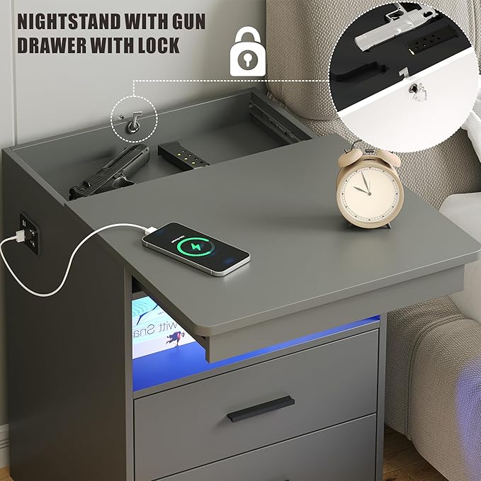 Nightstand with Gun Drawer, Charging Bedside Table with USB & Type-C Port, LED Night Stand with Human Sensor Light, Modern End Table with Drawers for Bedroom Office, Grey
