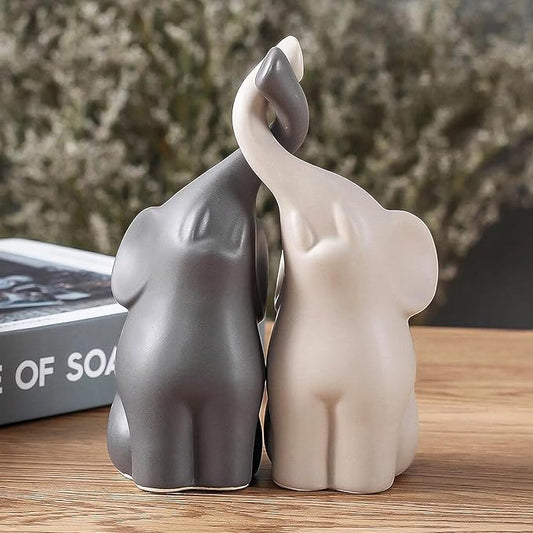 OwMell Set of 2 Loving Elephant Statue Figurine, 6" Elephant Ring Holder, Gifts for Couples Home Lucky Decor - Grey