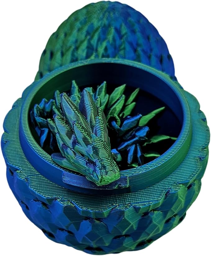 3D Printed Dragon Egg Articulating Gemstone Dragon Fidget Figurine - Vibrant Color Dragons Flexible ADHD, Autism and Anxiety Relief - Articulated Joints (Blue Green Silk)