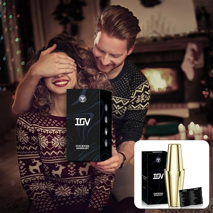 IOV Boston Cocktail Shaker Set, 18oz & 28oz Stainless Steel Weighted Shaker Tins, Metal Martini Drink Mixer for Bartending, Professional Bar Tools with Cocktail Recipe Guide, Gold