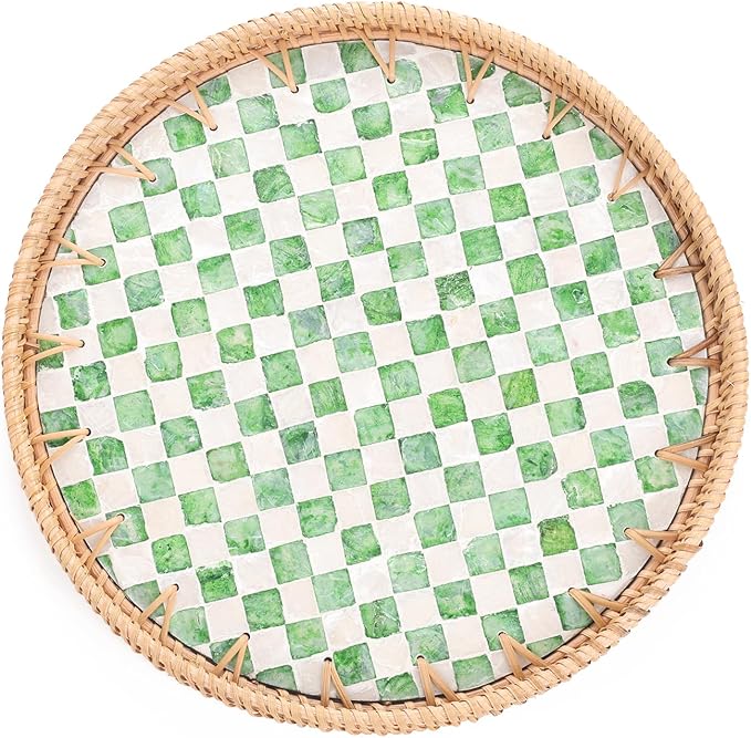 Round Rattan Tray with Mother of Pearl Inlay, Rattan Serving Tray for Coffee, Bread, Fruits, Decorative Wicker Tray for Table Decor, Home Decor, Kitchen Island Decor(Green Checkerboard, 11.8")