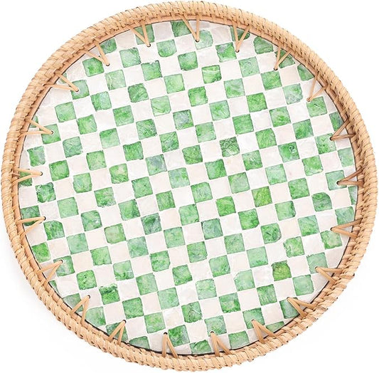 Round Rattan Tray with Mother of Pearl Inlay, Rattan Serving Tray for Coffee, Bread, Fruits, Decorative Wicker Tray for Table Decor, Home Decor, Kitchen Island Decor(Green Checkerboard, 11.8")