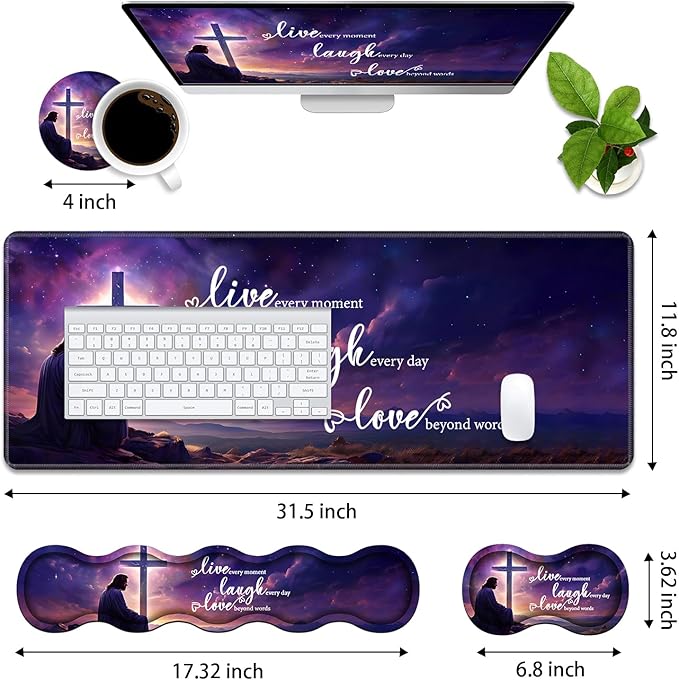 4 in 1 Ergonomic Memory Foam Mouse Pad Wrist Rest Set, Large Gaming Desk Pad + Keyboard Wrist Rest + Mouse Wrist Cushion + Coaster for Home Office Study Gaming, Christian Cross Quote Live Laugh Love