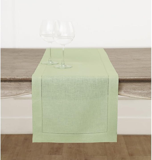 Solino Home Linen Sage Green Table Runner 144 Inches Long - 100% Pure Linen Extra Long Table Runner 14 x 144 Inch for Fall, Autumn, Thanksgiving - Classic Hemstitch