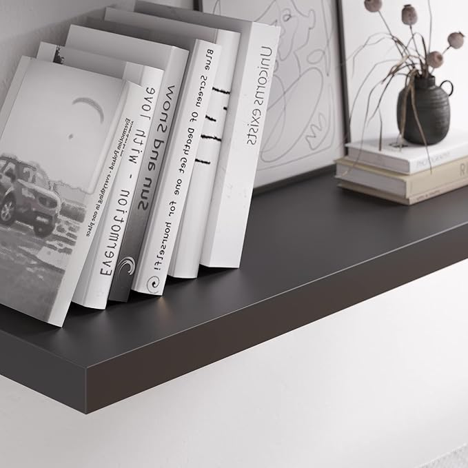 Floating Shelf, Set of 3 Wall Shelf, 24 in W x 12.75 in D x 2 in H Wooden Floating Wall Shelf with Invisible Brackets for Living Room/Bedroom/Bathroom/Kitchen Storage and Decor, Black