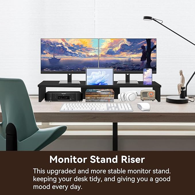 Dual Monitor Stand Riser with Phone Tablet Holder, 35.8in Large Monitor Stand for Desk, Computer Monitor Stand for 2 Monitors, Desk Shelf for Top of Desk, Desktop Organizer for Laptop, Printer, TV