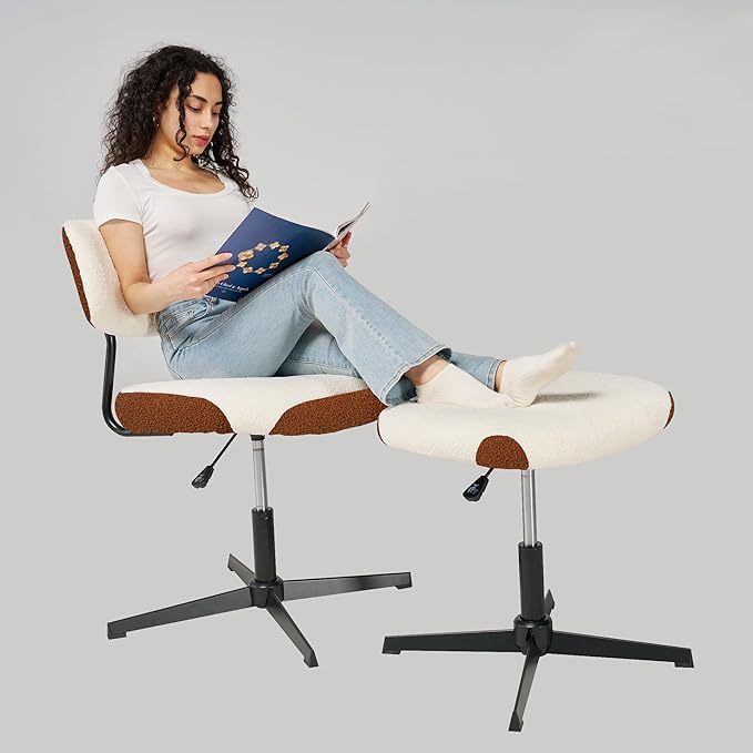 Swivel Criss Cross Chair, Accent Chair with Ottoman Set, Modern Armless Chair with Ergonomic Backrest, Comfy Chair with Boucle Upholstered Seat, No Wheels, White & Brown