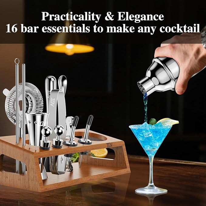 IOV Cocktail Shaker Set Bartender Kit with Stand | Bar Set Drink Mixer Set Includes Martini Shaker, Jigger, Strainer, Mixing Spoon, Muddler, Recipe Book | Home Bar Accessories Gift Set (Silver)