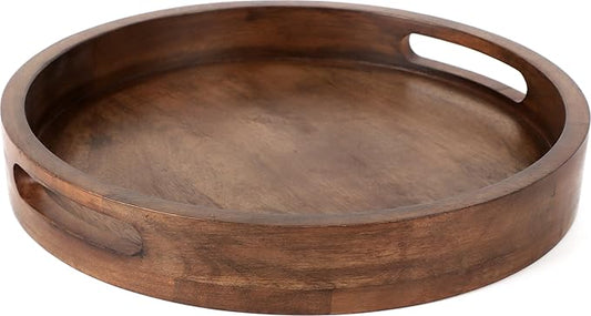 Round Wooden Tray - 12" Decorative Wood Serving Tray - Perfect for Breakfast, Lunch, Dinner, Appetizers, Patio, Ottoman, Coffee Table - Durable Living Room Couch Tray (Walnut) - ALPHA Living HOME